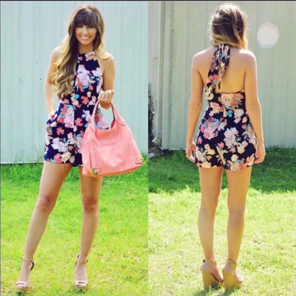 Shop Hope’s Navy Floral Halter Romper with Pockets